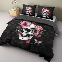 Halloween Floral Skull Duvet Cover Set - Includes Duvet Cover and Pillowcases - Spooky and Festive Design - Soft and Comfortable Fabric - Perfect for Halloween Home Decor