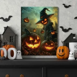 Halloween Flying Witch and Pumpkins LED Canvas Wall Art - Battery Operated Lighted Wall Decor for 2025 Halloween home decoration light livingroom and bedroom