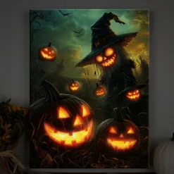 Halloween Flying Witch and Pumpkins LED Canvas Wall Art - Battery Operated Lighted Wall Decor for 2025 Halloween home decoration light livingroom and bedroom