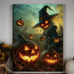 Halloween Flying Witch and Pumpkins LED Canvas Wall Art - Battery Operated Lighted Wall Decor for 2025 Halloween home decoration light livingroom and bedroom
