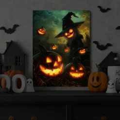 Halloween Flying Witch and Pumpkins LED Canvas Wall Art - Battery Operated Lighted Wall Decor for 2025 Halloween home decoration light livingroom and bedroom