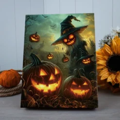 Halloween Flying Witch and Pumpkins LED Canvas Wall Art - Battery Operated Lighted Wall Decor for 2025 Halloween home decoration light livingroom and bedroom