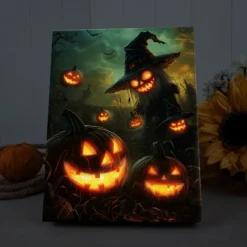 Halloween Flying Witch and Pumpkins LED Canvas Wall Art - Battery Operated Lighted Wall Decor for 2025 Halloween home decoration light livingroom and bedroom