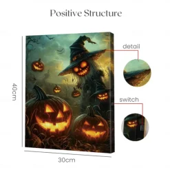 Halloween Flying Witch and Pumpkins LED Canvas Wall Art - Battery Operated Lighted Wall Decor for 2025 Halloween home decoration light livingroom and bedroom