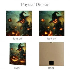 Halloween Flying Witch and Pumpkins LED Canvas Wall Art - Battery Operated Lighted Wall Decor for 2025 Halloween home decoration light livingroom and bedroom
