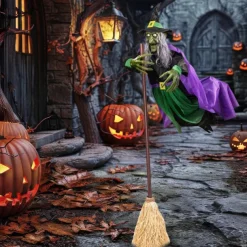 Halloween Flying Witch Decoration Scary Sounds Lights Outdoor Garden Yard Decor Large Hovering Witch Prop with Glowing Eyes Spooky Sounds