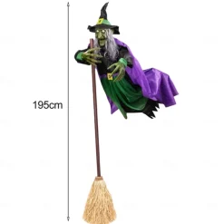 Halloween Flying Witch Decoration Scary Sounds Lights Outdoor Garden Yard Decor Large Hovering Witch Prop with Glowing Eyes Spooky Sounds