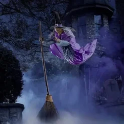 Halloween Flying Witch Decoration Scary Sounds Lights Outdoor Garden Yard Decor Large Hovering Witch Prop with Glowing Eyes Spooky Sounds