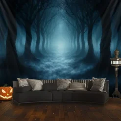 Halloween Forest Scene Wall Tapestry Backdrop – Spooky Dark Woods with Jack-o'-Lanterns, Creepy Night Atmosphere, Haunted Home Decoration for 2025 Halloween bedroom and livingroom