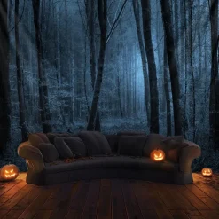 Halloween Forest Scene Wall Tapestry Backdrop – Spooky Dark Woods with Jack-o'-Lanterns, Creepy Night Atmosphere, Haunted Home Decoration for 2025 Halloween bedroom and livingroom