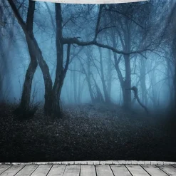 Halloween Forest Scene Wall Tapestry Backdrop – Spooky Dark Woods with Jack-o'-Lanterns, Creepy Night Atmosphere, Haunted Home Decoration for 2025 Halloween bedroom and livingroom