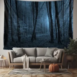 Halloween Forest Scene Wall Tapestry Backdrop – Spooky Dark Woods with Jack-o'-Lanterns, Creepy Night Atmosphere, Haunted Home Decoration for 2025 Halloween bedroom and livingroom