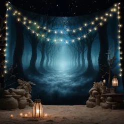 Halloween Forest Scene Wall Tapestry Backdrop – Spooky Dark Woods with Jack-o'-Lanterns, Creepy Night Atmosphere, Haunted Home Decoration for 2025 Halloween bedroom and livingroom