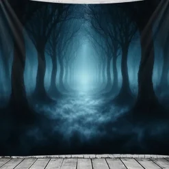 Halloween Forest Scene Wall Tapestry Backdrop – Spooky Dark Woods with Jack-o'-Lanterns, Creepy Night Atmosphere, Haunted Home Decoration for 2025 Halloween bedroom and livingroom
