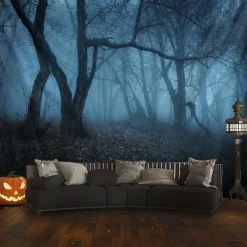 Halloween Forest Scene Wall Tapestry Backdrop – Spooky Dark Woods with Jack-o'-Lanterns, Creepy Night Atmosphere, Haunted Home Decoration for 2025 Halloween bedroom and livingroom