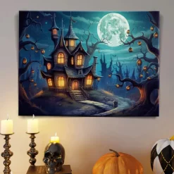 Halloween Full Moon Haunted Village LED Canvas Wall Art - Battery Operated Lighted Wall Decor for 2025 Halloween home decoration light livingroom and bedroom