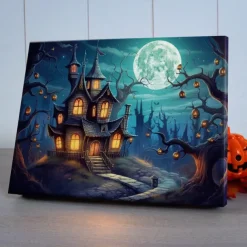 Halloween Full Moon Haunted Village LED Canvas Wall Art - Battery Operated Lighted Wall Decor for 2025 Halloween home decoration light livingroom and bedroom