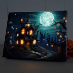 Halloween Full Moon Haunted Village LED Canvas Wall Art - Battery Operated Lighted Wall Decor for 2025 Halloween home decoration light livingroom and bedroom