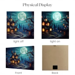 Halloween Full Moon Haunted Village LED Canvas Wall Art - Battery Operated Lighted Wall Decor for 2025 Halloween home decoration light livingroom and bedroom
