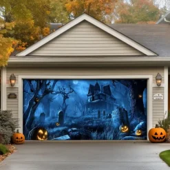 Halloween Garage Door Cover – Haunted Graveyard with Ghosts & Full Moon, Spooky Outdoor Decoration for 2025 Halloween Home Front Yard
