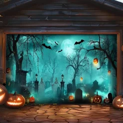 Halloween Garage Door Cover – Haunted Graveyard with Ghosts & Full Moon, Spooky Outdoor Decoration for 2025 Halloween Home Front Yard