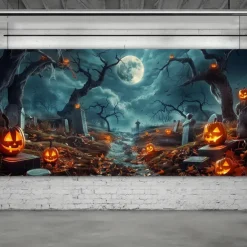 Halloween Garage Door Cover – Haunted Graveyard with Ghosts & Full Moon, Spooky Outdoor Decoration for 2025 Halloween Home Front Yard