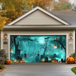 Halloween Garage Door Cover – Haunted Graveyard with Ghosts & Full Moon, Spooky Outdoor Decoration for 2025 Halloween Home Front Yard