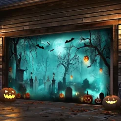 Halloween Garage Door Cover – Haunted Graveyard with Ghosts & Full Moon, Spooky Outdoor Decoration for 2025 Halloween Home Front Yard