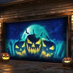 Halloween Garage Door Cover Large Hanging Backdrop Pumpkin 3D Dark Punk Gothic Style Party Outdoor Shooting Backgrounds Front Door Decorations Wall Door Background