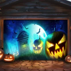 Halloween Garage Door Cover Large Hanging Backdrop Pumpkin 3D Dark Punk Gothic Style Party Outdoor Shooting Backgrounds Front Door Decorations Wall Door Background