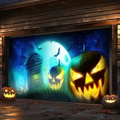 Halloween Garage Door Cover Large Hanging Backdrop Pumpkin 3D Dark Punk Gothic Style Party Outdoor Shooting Backgrounds Front Door Decorations Wall Door Background