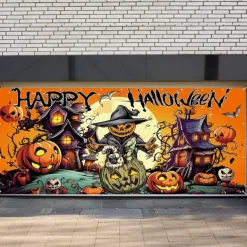 Halloween Garage Door Cover Large Hanging Backdrop Pumpkin Scarecrow Dark Punk Gothic Style Party Outdoor Shooting Backgrounds Yard Haunted House Decorations Wall Door Background