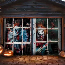 Halloween Garage Door Cover Large Hanging Backdrop Clown Dark Punk Gothic Style Party Outdoor Shooting Backgrounds Front Door Decorations Wall Door Background