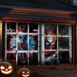 Halloween Garage Door Cover Large Hanging Backdrop Clown Dark Punk Gothic Style Party Outdoor Shooting Backgrounds Front Door Decorations Wall Door Background