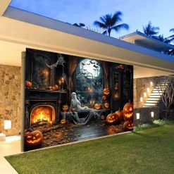 Halloween Garage Door Cover Large Hanging Backdrop Ghost Castle Dark Punk Gothic Style Party Outdoor Shooting Backgrounds Yard Haunted House Decorations Wall Door Background