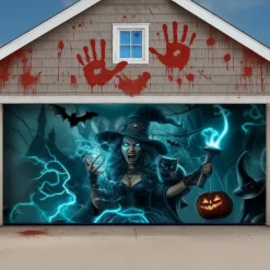 Halloween Garage Door Cover – Witch with Pumpkins & Bats, Outdoor Decoration for 2025 Halloween Home Front Yard