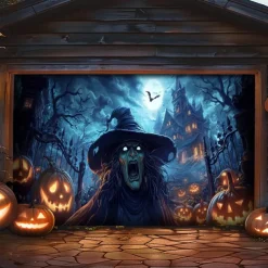 Halloween Garage Door Cover – Witch with Pumpkins & Bats, Outdoor Decoration for 2025 Halloween Home Front Yard