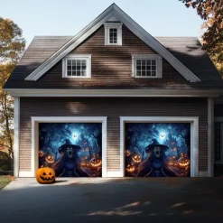 Halloween Garage Door Cover – Witch with Pumpkins & Bats, Outdoor Decoration for 2025 Halloween Home Front Yard