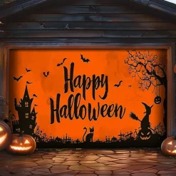 Halloween Garage Door Cover Banner Backdrop – Oversized Skeleton Moon Scene with Pumpkins, Includes Ropes and Hooks, Outdoor Decoration for 2025 Halloween Home Front Yard