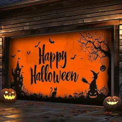 Halloween Garage Door Cover Banner Backdrop – Oversized Skeleton Moon Scene with Pumpkins, Includes Ropes and Hooks, Outdoor Decoration for 2025 Halloween Home Front Yard