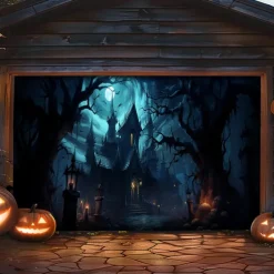 Halloween Garage Door Cover Banner Backdrop – Haunted Castle with Bats & Pumpkins, Photography Backdrop for Outdoor Decoration for 2025 Halloween Home Front Yard