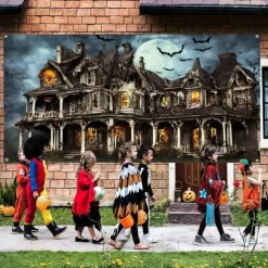 Halloween Garage Door Cover Large Hanging Backdrop Castle Dark Punk Gothic Style Party Outdoor Shooting Backgrounds Yard Haunted House Decorations Wall Door Background