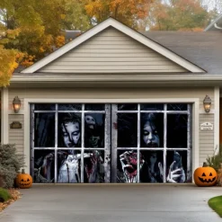 Halloween Garage Door Cover Large Hanging Backdrop Ghost Zombie Containment Unit 3D Dark Punk Gothic Style Party Outdoor Shooting Backgrounds Yard Haunted House Decorations Wall Door Background