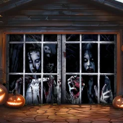 Halloween Garage Door Cover Large Hanging Backdrop Ghost Zombie Containment Unit 3D Dark Punk Gothic Style Party Outdoor Shooting Backgrounds Yard Haunted House Decorations Wall Door Background