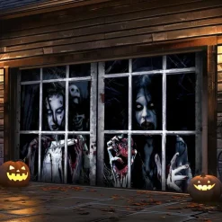 Halloween Garage Door Cover Large Hanging Backdrop Ghost Zombie Containment Unit 3D Dark Punk Gothic Style Party Outdoor Shooting Backgrounds Yard Haunted House Decorations Wall Door Background