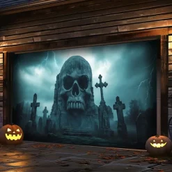 Halloween Garage Door Cover Banner Backdrop – Moonlit Pumpkin Field with Zombie Hands, Oversized Front Yard Decoration for 2025 Halloween, Includes Hanging Accessories