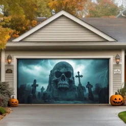 Halloween Garage Door Cover Banner Backdrop – Moonlit Pumpkin Field with Zombie Hands, Oversized Front Yard Decoration for 2025 Halloween, Includes Hanging Accessories