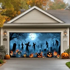 Halloween Garage Door Cover Banner Backdrop – Moonlit Pumpkin Field with Zombie Hands, Oversized Front Yard Decoration for 2025 Halloween, Includes Hanging Accessories