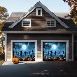Halloween Garage Door Cover Banner Backdrop – Moonlit Pumpkin Field with Zombie Hands, Oversized Front Yard Decoration for 2025 Halloween, Includes Hanging Accessories