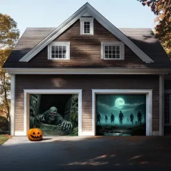 Halloween Garage Door Cover Banner Backdrop – Moonlit Pumpkin Field with Zombie Hands, Oversized Front Yard Decoration for 2025 Halloween, Includes Hanging Accessories